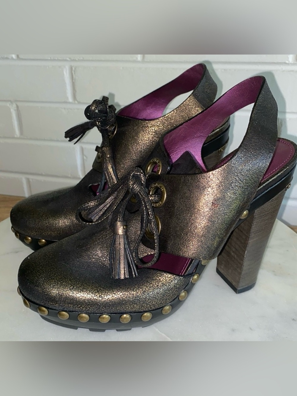 Coach Poppy Rena Metallic Studded Slingback Heels Sz 7 EUC - Picture 8 of 9